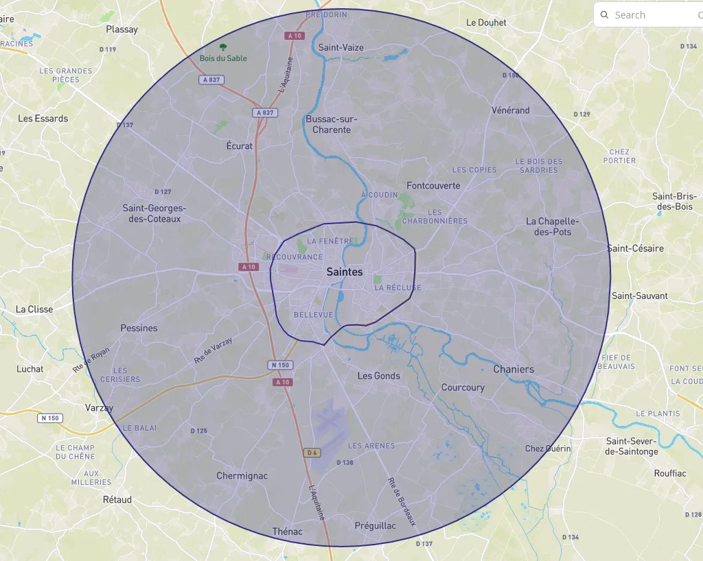 Carte des zones et tarifs de livraison de La Trattoria autour de Saintes